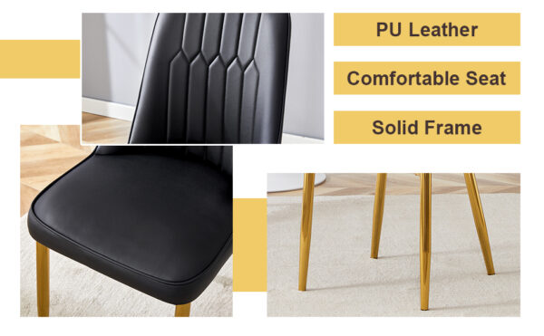35f6ae4536264a32b08bee2b3d182f56_f63451bb3f542726da8b06200f7dd377 Table and chair set.63"x31.5x30"Black Texture With Lines Patterned Sintered Stone Table with Golden Stainless Steel Legs.Paried With 4 Black PU Chairs with Simple Line Designs On The Backrest.
