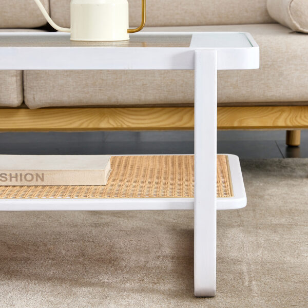 361709019ff840a9a528e0f4cd889885_20240123_6ef69f566d4e1b50656590d8ee1e1520 Modern minimalist white double layered solid wood coffee table. Glass tabletop, imitation rattan edge table. Rectangular table suitable for living room, dining room, and bedroom
