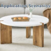 33.4-inch diameter minimalist circular MDF material coffee table, a stable and practical choice. The unique embedded design and the support of three table legs make the coffee table structure stable.