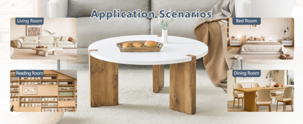 361745b7760b4a918c9c40c8250492d8_4bab53234e8e7278ae236c419d9378f2 33.4-inch diameter minimalist circular MDF material coffee table, a stable and practical choice. The unique embedded design and the support of three table legs make the coffee table structure stable.