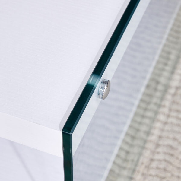 Double rectangular coffee table. The board surface is MDF, with white stickers, and both sides are transparent tempered glass. Suitable for living room, bedroom and other occasions.