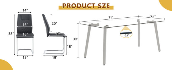 36b7759dbe1342218144e1ef33981358_881c2336dbea9ff13759726e9da7066c Table and chair set.71 * 35.4 inch rectangular dining table.Tempered Glass Tabletop,Silver 7-shaped Metal Table Legs.Paried With 6 Black High-quality PU Chairs With Arched Metal Legs.