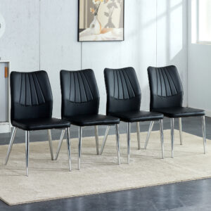 Four black dining chairs. Modern chairs from the Middle Ages. Made of PU material cushion and silver metal legs. Suitable for restaurants and living rooms C-009