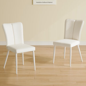Modern minimalist dining chair, white PU leather curved back and seat cushion, white metal chair legs, suitable for dining room, bedroom, living room.  A set of 2 chairs.  008