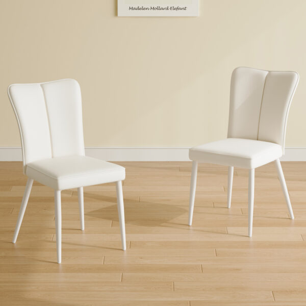 Modern minimalist dining chair, white PU leather curved back and seat cushion, white metal chair legs, suitable for dining room, bedroom, living room.  A set of 2 chairs.  008