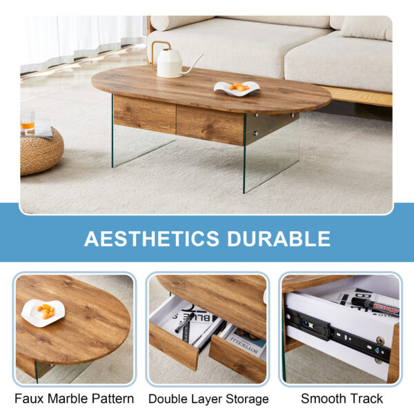 36e29c5a22fa41c3a76de6199cf31511_27794ee77222b612f525c67d525d90ca Coffee table with double drawers. The board surface is MDF sticker, and both sides are transparent tempered glass. The design is simple and elegant, with excellent storage functions.