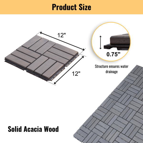 30 PCS Interlocking Deck Tiles Checker Pattern, 12" x 12" Square Light Gray Acacia Hardwood Outdoor Flooring for Patio, Bancony, Pool Side,...