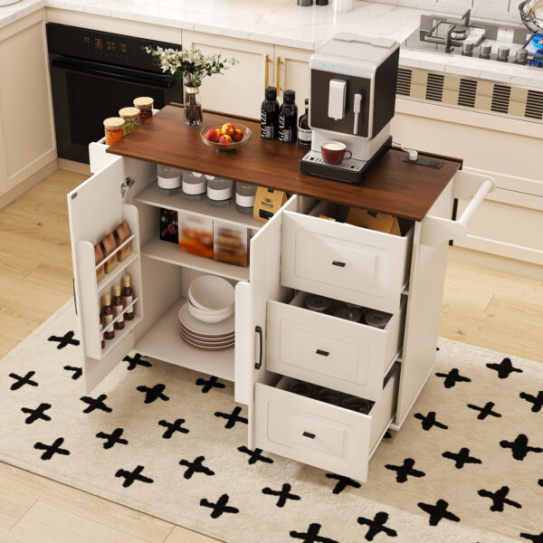 3783bd5b43334060b55f1e825efec2fe_b7d97ca4d125ab337ab4400a4b9da76b White Kitchen Island Cart with Foldable Tabletop & Drop Leaf - Mobile Breakfast Bar on Wheels with Wood Top and Storage