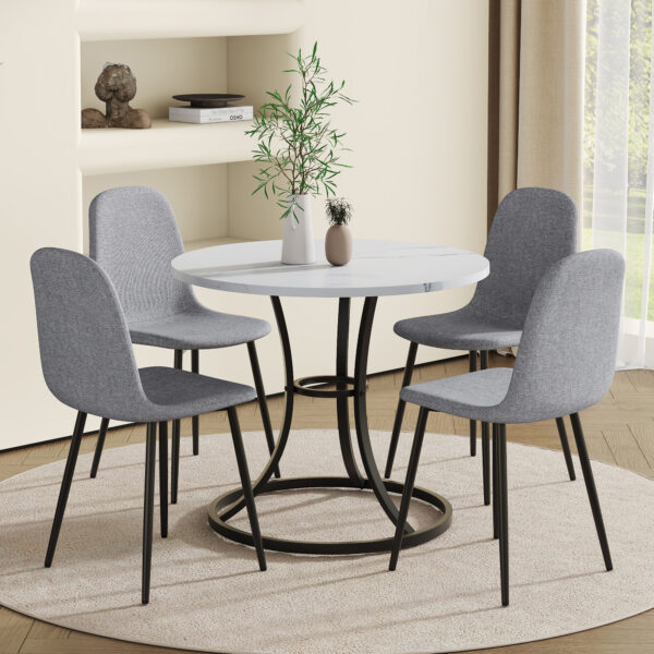 3783d9113ffb4cd392b0cd9149fcefdc_1ba79e52b546db475254b1c2ed31651e Table and chair set.A Modern Minimalist Circular Dining Table With A Diameter Of 33.3 Inches.Paired With 4 Light Gray Linen-Cotton Material High Resilience Dining Chair with Metal Leg.