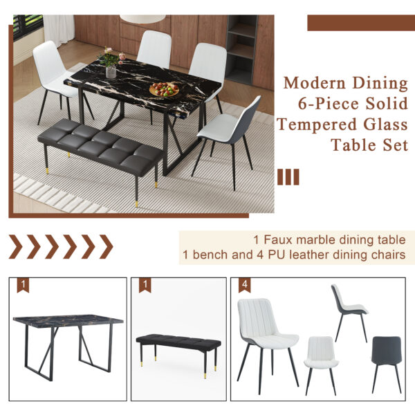 378d104677394006b3236978731e8a9f_2487e9994976ec594a4dda4bbd12b2b4 Table and chair set.Modern Black Marble Pattern MDF Dining Table Set - 55"x31.4" with 4 Extended Seat Cushion PU Dining Chairs and 1 Bench,A Choice of Subtle Luxury for Modern Homes.