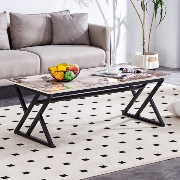 379e098f98ed427d82f7cf8693d3d4a6_cfdd1c9052098b729906292b4ba817cb A coffee table is made of rock slab material, with a natural and smooth marble pattern on the surface, which complements the modern design of the black metal legs and adds a touch of fashion.47*23.6