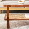 Modern simple rectangle double-layer Walnut color solid wood Glass desktop tea table rattan woven Chinese side table small rectangle table suitable for living room, dining room and bedroom