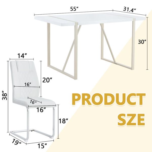 37c06c0218b84de3a4c577935692ee95_181876233b201d3f93b240086a5e7fa6 Table and chair set.55"x31.4" Cream-Style White MDF Dining Table Set with 6 White Chairs With Silver Metal Legs.MDF Tabletop and metal frame legs.Adding a warm and gentle atmosphere to your family.