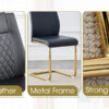 Table and chair set.Modern Luxurious Transparent Tempered Glass Dining Table Set with 6 Chairs.Single Fork Golden Metal Table Legs.Black high-quality PU dining chairs with golden metal legs.