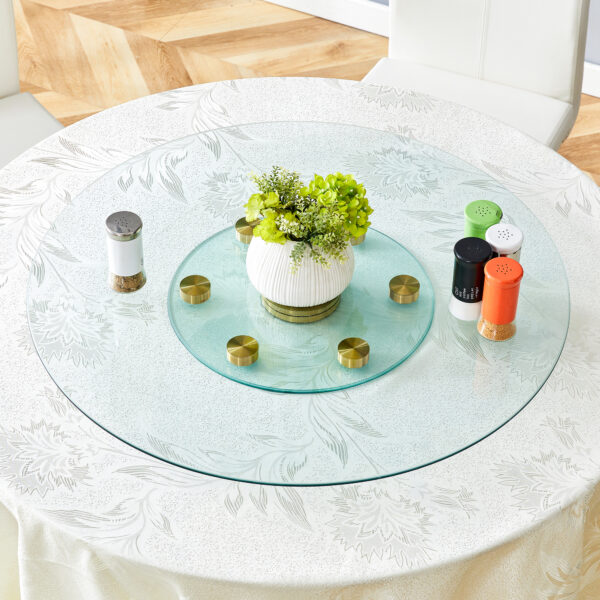 37cfe9090fd1426795b6aaa01aa61754_52b7bdc2889e8b6ccf9c5d06046ee6dc Double layer rotatable round glass.The rotatable design makes it more convenient to retrieve and place items.The upper glass has a diameter of 30.3 inches, while the lower glass15 inches.
