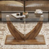Modern minimalist transparent tempered glass coffee table with wooden MDF legs and stainless steel decorative columns. Computer desk. Game table. CT-907