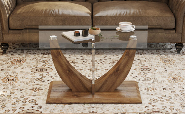 37f5d504655a45099aef2d517e16ab02_20240321_7e3cae649efe2af1aea976f85e988b86 Modern minimalist transparent tempered glass coffee table with wooden MDF legs and stainless steel decorative columns. Computer desk. Game table. CT-907