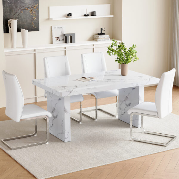 3819434040a2475f9c78ff624b8ddca8_28329331912e3d9f8c46e15ce3754e44 Table and chair set.63"*35.4" White Imitation Marble Pattern MDF Dining Table Set - 4 Soft and Comfortable White PU Chair With Arched Metal Silver Leg.Create Your Exclusive Low-Key Luxury Space.