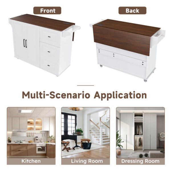 381f73d90b5f45a290abffdfa1f465e4_4dbeee39cc5ba02cab2825be88aeda5f White Kitchen Island Cart with Foldable Tabletop & Drop Leaf - Mobile Breakfast Bar on Wheels with Wood Top and Storage