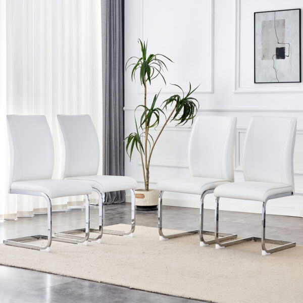 38230e9446b54a8a9c0d6c53ea18acaa_48205817483338304db116e98fc74d23 Luxury Simple Arch Chair - Set of 4 White PU Material High Resilience Dining Chair with Arched Metal Silver Leg.