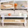 Modern minimalist white double layered solid wood coffee table. Glass tabletop, imitation rattan  edge table. Rectangular table suitable for living room, dining room, and bedroom