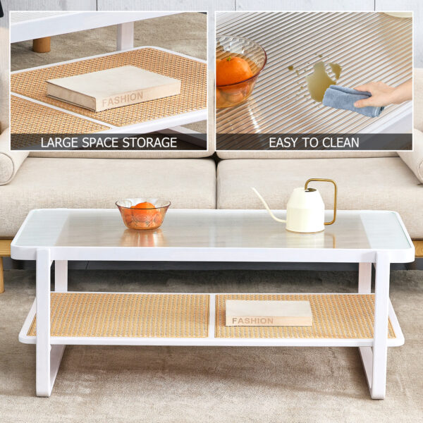 383aedc75e6b44a1b1ed5d229b35b4d2_20240123_ef3fd4cb1c950357f1e745c97f1bb551 Modern minimalist white double layered solid wood coffee table. Glass tabletop, imitation rattan edge table. Rectangular table suitable for living room, dining room, and bedroom