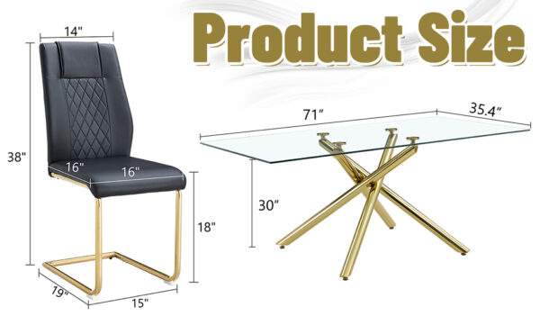 384b9cc9b48a41ccb8df58f19d3f2094_76157593936ef72100fcb329f899ea2a Table and chair set.Modern Luxurious Transparent Tempered Glass Dining Table Set with 8 Chairs.Single Fork Golden Metal Table Legs.Black high-quality PU dining chairs with golden metal legs.
