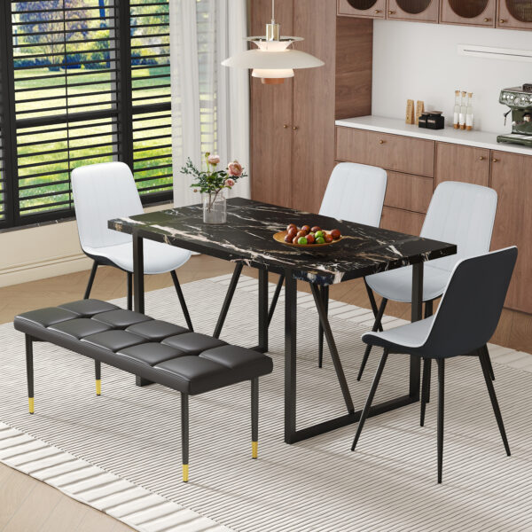 385773061c8d4fa4a79d9ff1f2949610_7ab0c859c7edd2ada70146ac3f2b23dc Table and chair set.Modern Black Marble Pattern MDF Dining Table Set - 55"x31.4" with 4 Extended Seat Cushion PU Dining Chairs and 1 Bench,A Choice of Subtle Luxury for Modern Homes.