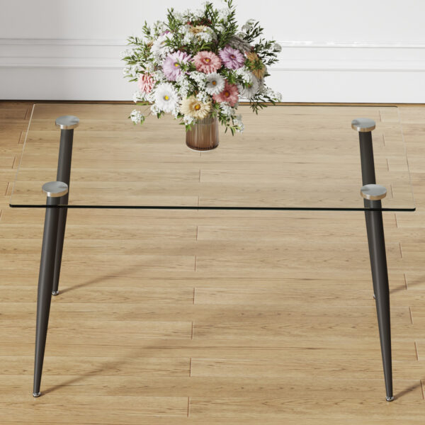 385a4a4ef2ca4670a52e6d32394835b3_20240319_f17a4895ac1bdd2a605cd70df8a32a2a Modern rectangular glass dining table, suitable for 4-6 people, equipped with tempered glass tabletop and black metal legs, writing desk, suitable for kitchen, dining room, and living room.W1151S00805