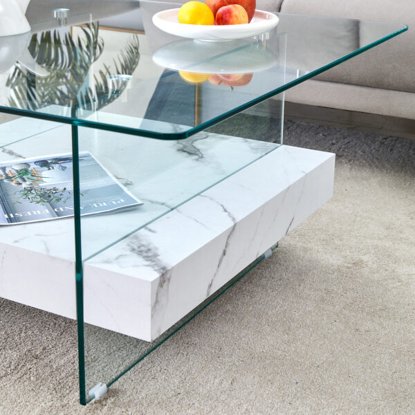 386bfe52c3c742d09b326b4db80948f5_5c76303a6d6aac2a42b46f0ec3970756 31.4 Inch Modern Two-Tier Square Coffee Table - An Elegant Combination of Clear Glass and White Marble Pattern Sticker.It can be used as a coffee table,a side table or a display stand.