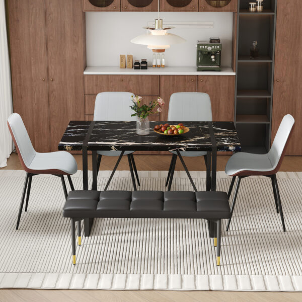 386cb8e3e4b4449bab010988cb2361e7_2e2f123a09e0c591374ae07c3fd757ea Table and chair set.Modern Black Marble Pattern MDF Dining Table Set - 55"x31.4" with 4 Extended Seat Cushion PU Dining Chairs and 1 Bench,A Choice of Subtle Luxury for Modern Homes.
