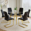 A modern minimalist style round transparent tempered glass table with gold metal legs, paired with 6 modern PU leather high-back dining chairs ,bring a luxurious experience.