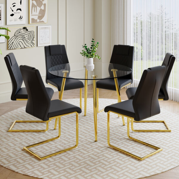 38821fcc664342c7bd29e193ea92d9db_c417e12d333795bdfa82a6a721480f0d A modern minimalist style round transparent tempered glass table with gold metal legs, paired with 6 modern PU leather high-back dining chairs ,bring a luxurious experience.
