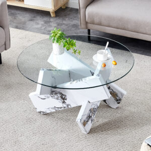 Round glass coffee table, 33.4 "modern design unique coffee table. Tempered glass countertop with white patterned MDF legs. Suitable for living and dining rooms