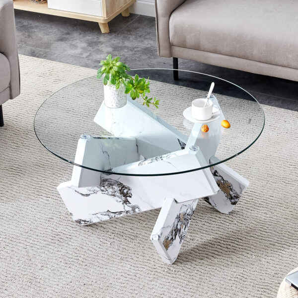 388486576b304df8945d8b4235d04e0b_3824f476b5b30196e08ff67fae85df43 Round glass coffee table, 33.4 "modern design unique coffee table. Tempered glass countertop with white patterned MDF legs. Suitable for living and dining rooms
