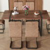 Table and chair set.Industrial Style Walnut-Colored Rectangular Dining Table - 71"x39.3" Large Size.Paired with 6 brown technology fabric chairs with Featuring arched black Metal legs.