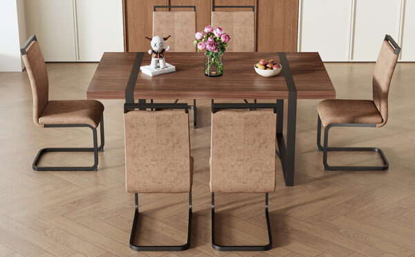 38a9cb378a6941dfac3110518d5c655b_1b5ab996cd47169ada81674d1ed38936 Table and chair set.Industrial Style Walnut-Colored Rectangular Dining Table - 71"x39.3" Large Size.Paired with 6 brown technology fabric chairs with Featuring arched black Metal legs.
