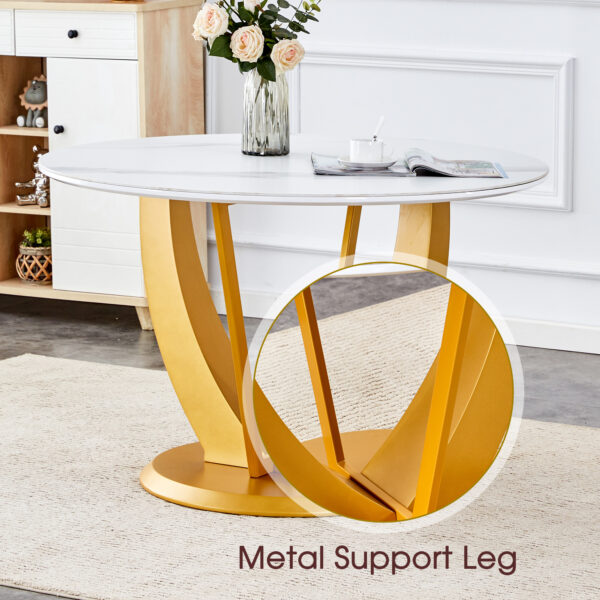 38ad3e1cbf40426eb3a31514ce19a1fc_dde8f1c8f44f59e1a51676037daf1c5d Table and chair set.Luxurious Snow Mountain White Slab Round Dining Table Set - 47"x47" with 4 Black PU Chairs with Simple Line Designs On The Backrest .Golden Metal Legs.