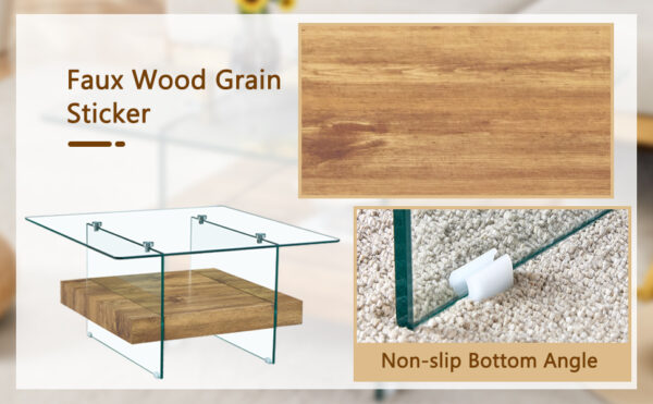 38ad72a4b4644fdead514241b07969ae_3ca97795045ea8e43e9f1e12fe126a0d 31.4 Inch Modern Two-Tier Square Coffee Table -An Elegant Combination of Clear Glass and Light Wood Texture Sticker.It can be used not only as a coffee table but also as a side table or display stand.