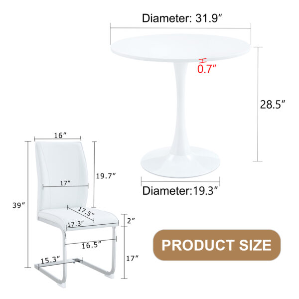 38b11fb6248b4933a662284c446baedb_0aa7d928b11da3d3aa17ab674b0f966f Table and chair set.Hourglass-Shaped Stable Small Round Table -31.9" * 31.9" With 2 Soft and Comfortable White PU Chair With Arched Metal Silver Leg.Create Your Exclusive Low-Key Luxury Space.