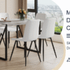 Table and chair set.A minimalist retro rectangular dining table with a specially textured top and black metal legs.Paired With 6 White Artificial PU Chairs With Curved Widened Cushion Design.