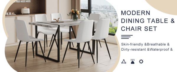 38d671f74ae74c27a2e52cc5dd7368f1_3e927e26e26944991378784292d218b5 Table and chair set.A minimalist retro rectangular dining table with a specially textured top and black metal legs.Paired With 6 White Artificial PU Chairs With Curved Widened Cushion Design.