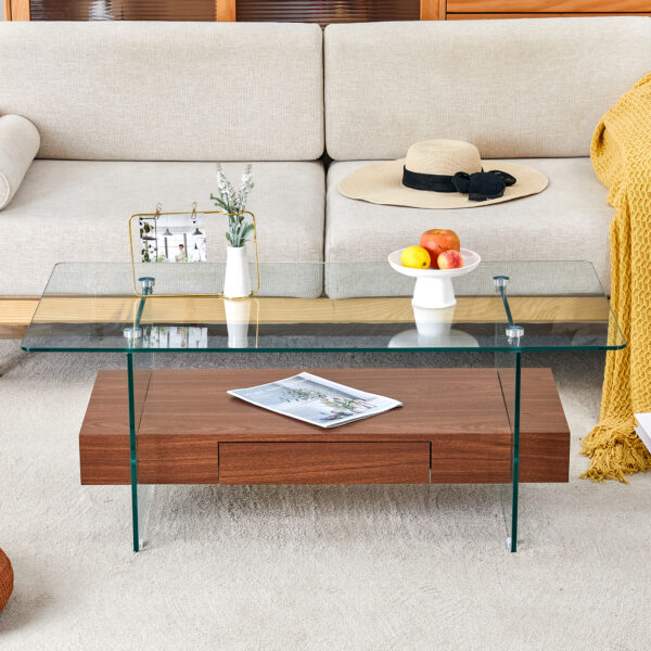 43.3 Inch Modern Two-Tier Coffee Table - Clear Tempered Glass and Dark Wood Grain, Multifunctional Storage Design.The bottom tier includes a drawer.Can be used as a coffee table,side table,etc.