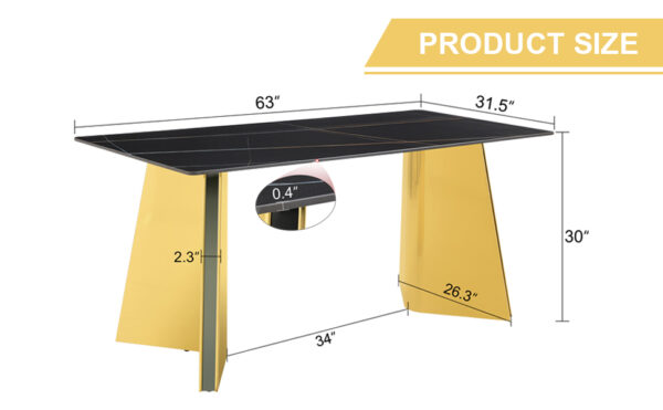 38f2cfb3cc5d4954a69bd5e95bef0e45_a9a514ff26042fcb34f9f0bc90eab6ed 63"x31.5x30" Black Marble-Patterned Slab Dining Table with Golden Stainless Steel Butterfly Legs.The tabletop is designed to be scratch and heat resistant.Slabs Tabletop,Golden Stainless Steels Legs.