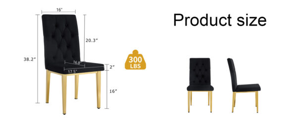 38f6b6d1f46a4ec98eb69544872543e5_3f626d87066933e74f700a434f1a8aa6 2 piece dining chairs.The gold metal legs complement the black velvet, showcasing a perfect blend of modern and classic elements.Suitable for various occasions such as kitchens,conference rooms, etc.