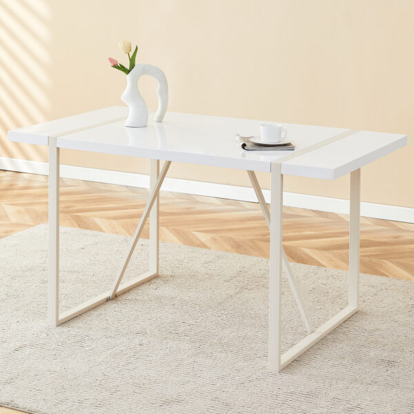 39080fcb0d53467c9686811685f90adf_aa1ba897e605151555785ba62b9025dc Industrial rectangular MDF Cream style dining table for 4-6 people with 1.5 inch thick MDF top and white metal legs frame for work desk, kitchen, terrace, dining room