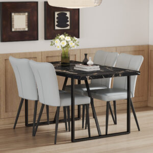Table and chair set.Modern Black Marble Pattern MDF Dining Set - 55"x31.4"with 4 Light Gray PU chairs with a vertical stripe design on the backrest.Suitable for kitchen,Dining room,etc