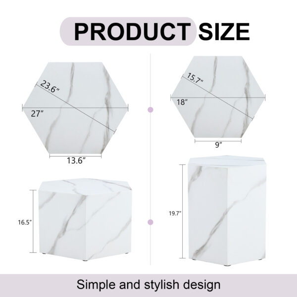 393aedb2150b489783dafc15fd69fa48_7223eeb560de142261969aaf3925fbb9 Modern minimalist style hexagonal white marble patterned MDF coffee table set (two-piece set) .Complex texture patterns, style and texture coffee table to redefine your interior decoration.
