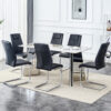 Table and chair set.63"x31.5x30" Luxurious Pandora patterned Sintered Stone Tabletop with Silver Stainless Steel Butterfly Legs.Paried With 6 Black High-quality PU Chairs With Arched Metal Legs.