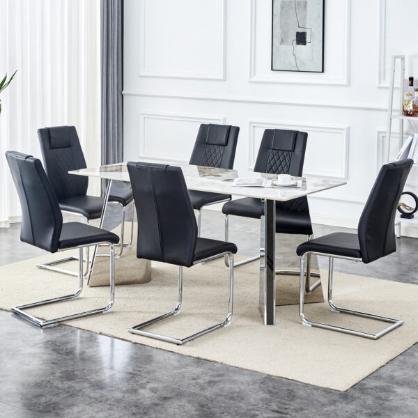 396786eb94b44b28bccc7f07d65d57cd_eb9f94dfde12c7a8e5f288662302f2f0 Table and chair set.63"x31.5x30" Luxurious Pandora patterned Sintered Stone Tabletop with Silver Stainless Steel Butterfly Legs.Paried With 6 Black High-quality PU Chairs With Arched Metal Legs.